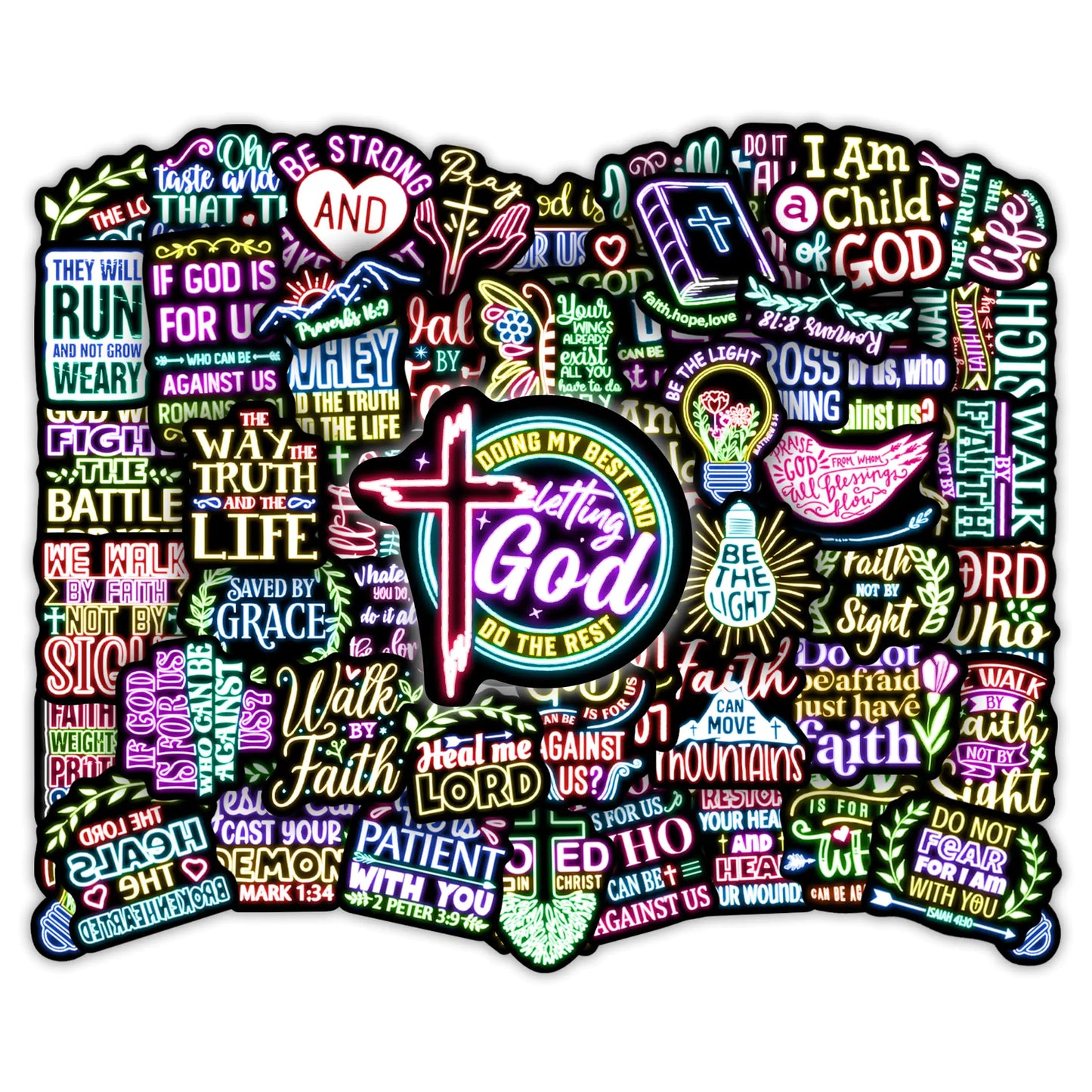 50 Pcs Jesus Christian Bible Stickers for Kids Neon Christ Faith Vinyl Waterproof Water Bottle Laptop Decals Teens Adults Religious Christianity Christmas Easter Thanksgiving