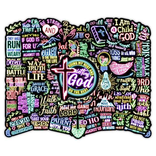50 Pcs Jesus Christian Bible Stickers for Kids Neon Christ Faith Vinyl Waterproof Water Bottle Laptop Decals Teens Adults Religious Christianity Christmas Easter Thanksgiving